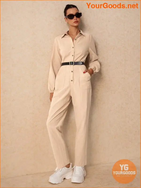 YOURGOODS Women's Solid Button Down Jumpsuit With Pockets And Tapered Legs - YourGoods Online Shop