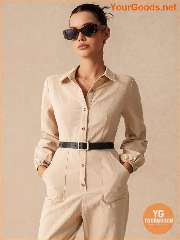 YOURGOODS Women's Solid Button Down Jumpsuit With Pockets And Tapered Legs - YourGoods Online Shop