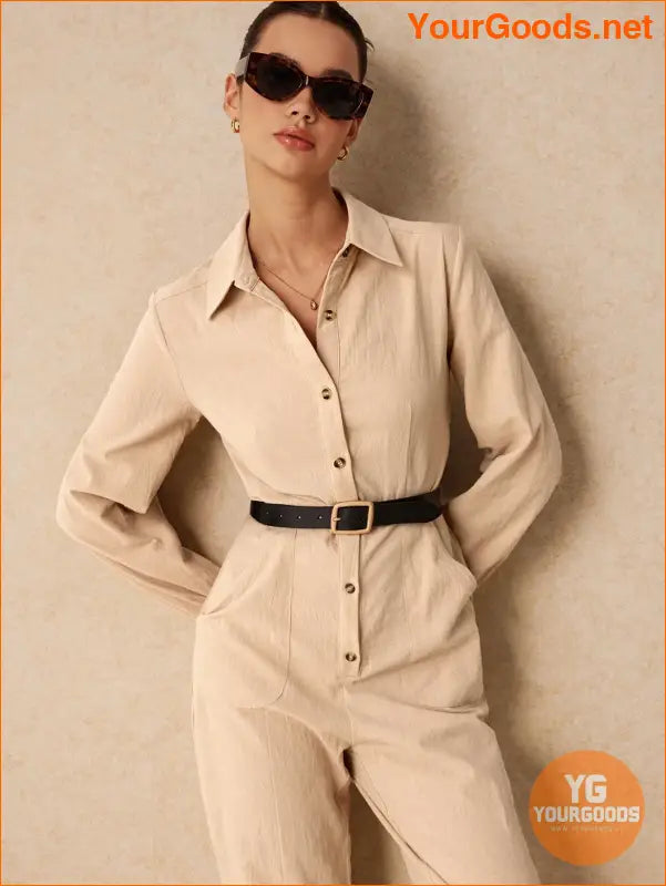 YOURGOODS Women's Solid Button Down Jumpsuit With Pockets And Tapered Legs - YourGoods Online Shop