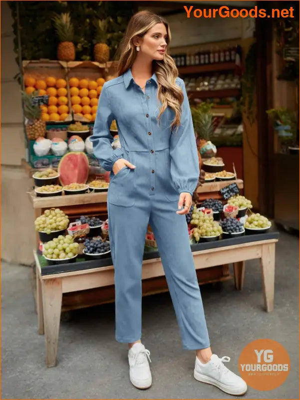 YOURGOODS Women's Solid Button Down Jumpsuit With Pockets And Tapered Legs - YourGoods Online Shop