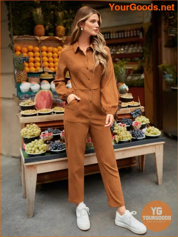 YOURGOODS Women's Solid Button Down Jumpsuit With Pockets And Tapered Legs - YourGoods Online Shop