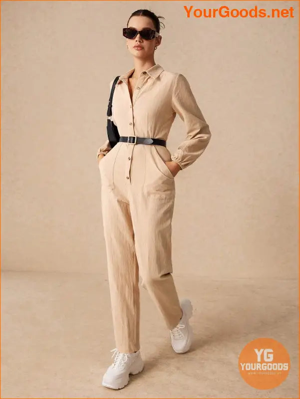 YOURGOODS Women's Solid Button Down Jumpsuit With Pockets And Tapered Legs - YourGoods Online Shop