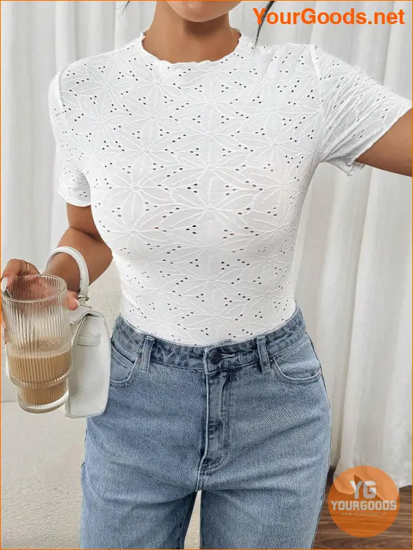 YOURGOODS Women's Solid Color Round Neck Hollow Out Embroidery Short Sleeve Bodysuit - YourGoods Online Shop