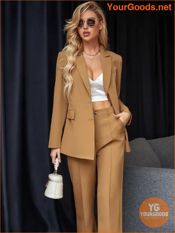 YOURGOODS Women's Solid Color Suit With Notched Collar Single-Breasted Long Sleeve Suit Jacket And Pants - YourGoods Online Shop