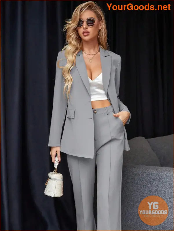 YOURGOODS Women's Solid Color Suit With Notched Collar Single-Breasted Long Sleeve Suit Jacket And Pants - YourGoods Online Shop