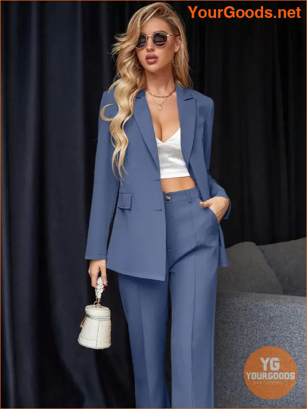 YOURGOODS Women's Solid Color Suit With Notched Collar Single-Breasted Long Sleeve Suit Jacket And Pants - YourGoods Online Shop