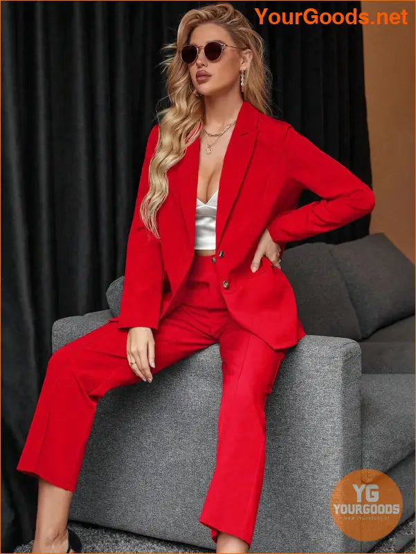 YOURGOODS Women's Solid Color Suit With Notched Collar Single-Breasted Long Sleeve Suit Jacket And Pants - YourGoods Online Shop