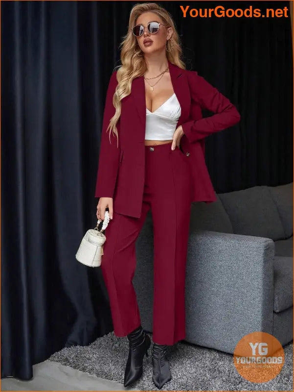 YOURGOODS Women's Solid Color Suit With Notched Collar Single-Breasted Long Sleeve Suit Jacket And Pants - YourGoods Online Shop