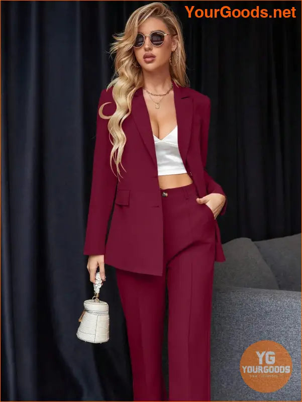 YOURGOODS Women's Solid Color Suit With Notched Collar Single-Breasted Long Sleeve Suit Jacket And Pants - YourGoods Online Shop