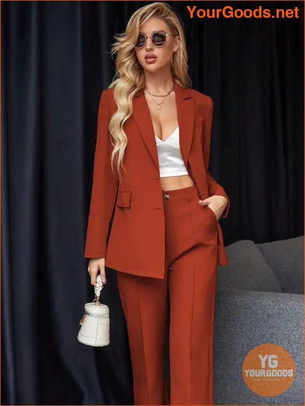 YOURGOODS Women's Solid Color Suit With Notched Collar Single-Breasted Long Sleeve Suit Jacket And Pants - YourGoods Online Shop