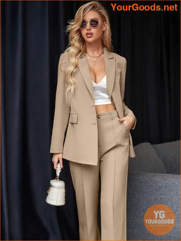 YOURGOODS Women's Solid Color Suit With Notched Collar Single-Breasted Long Sleeve Suit Jacket And Pants - YourGoods Online Shop