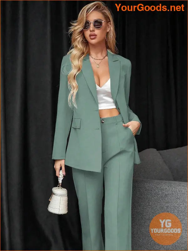 YOURGOODS Women's Solid Color Suit With Notched Collar Single-Breasted Long Sleeve Suit Jacket And Pants - YourGoods Online Shop