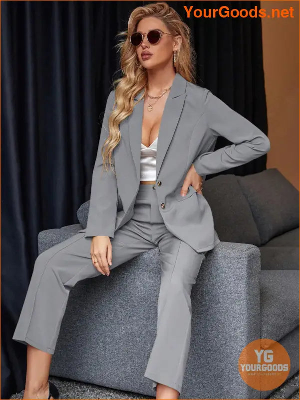 YOURGOODS Women's Solid Color Suit With Notched Collar Single-Breasted Long Sleeve Suit Jacket And Pants - YourGoods Online Shop