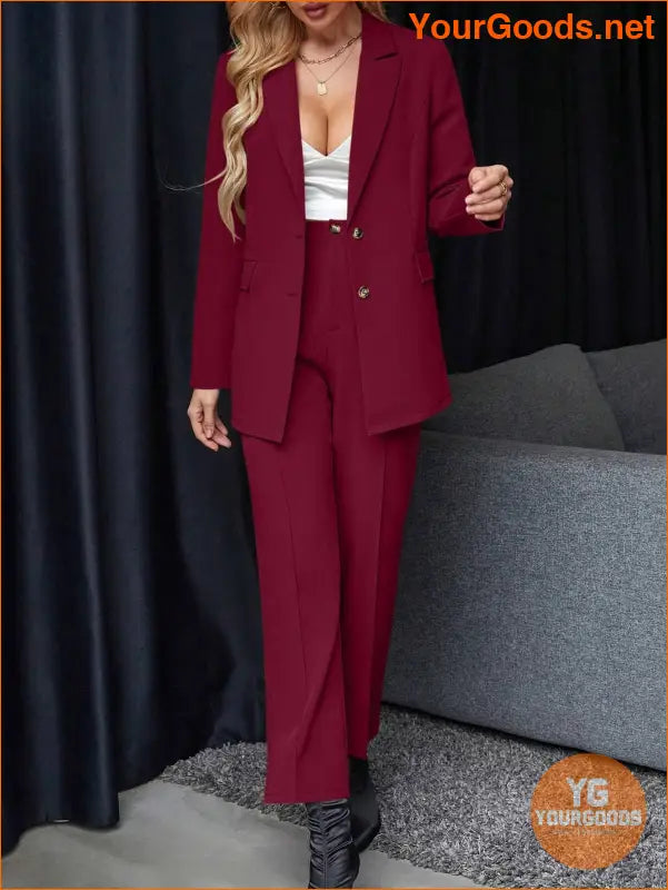 YOURGOODS Women's Solid Color Suit With Notched Collar Single-Breasted Long Sleeve Suit Jacket And Pants - YourGoods Online Shop