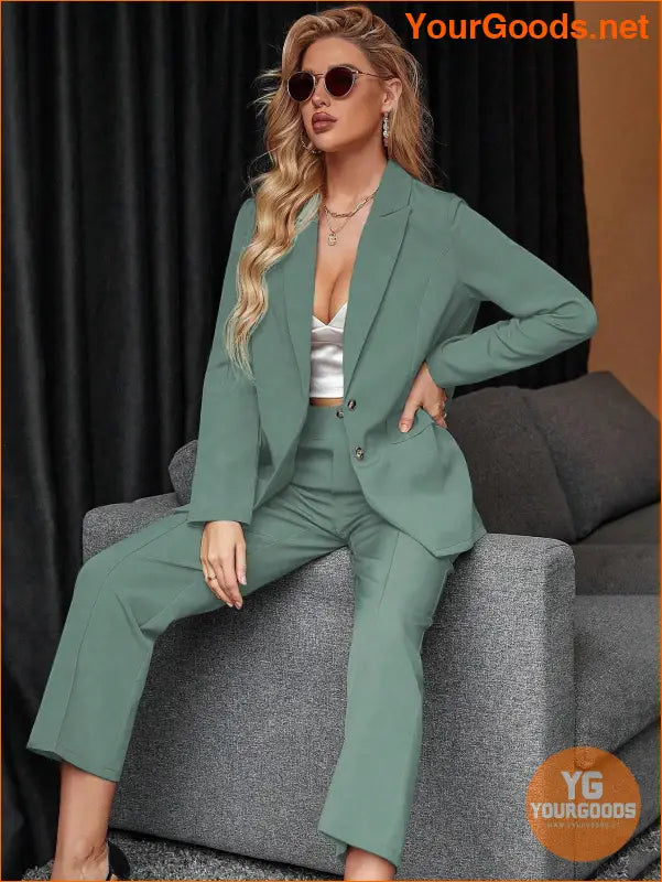 YOURGOODS Women's Solid Color Suit With Notched Collar Single-Breasted Long Sleeve Suit Jacket And Pants - YourGoods Online Shop