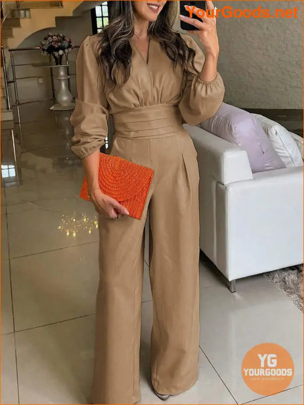 YOURGOODS Women's V-Neck Solid Color Long Sleeve Jumpsuit With Pressed Folds - YourGoods Online Shop